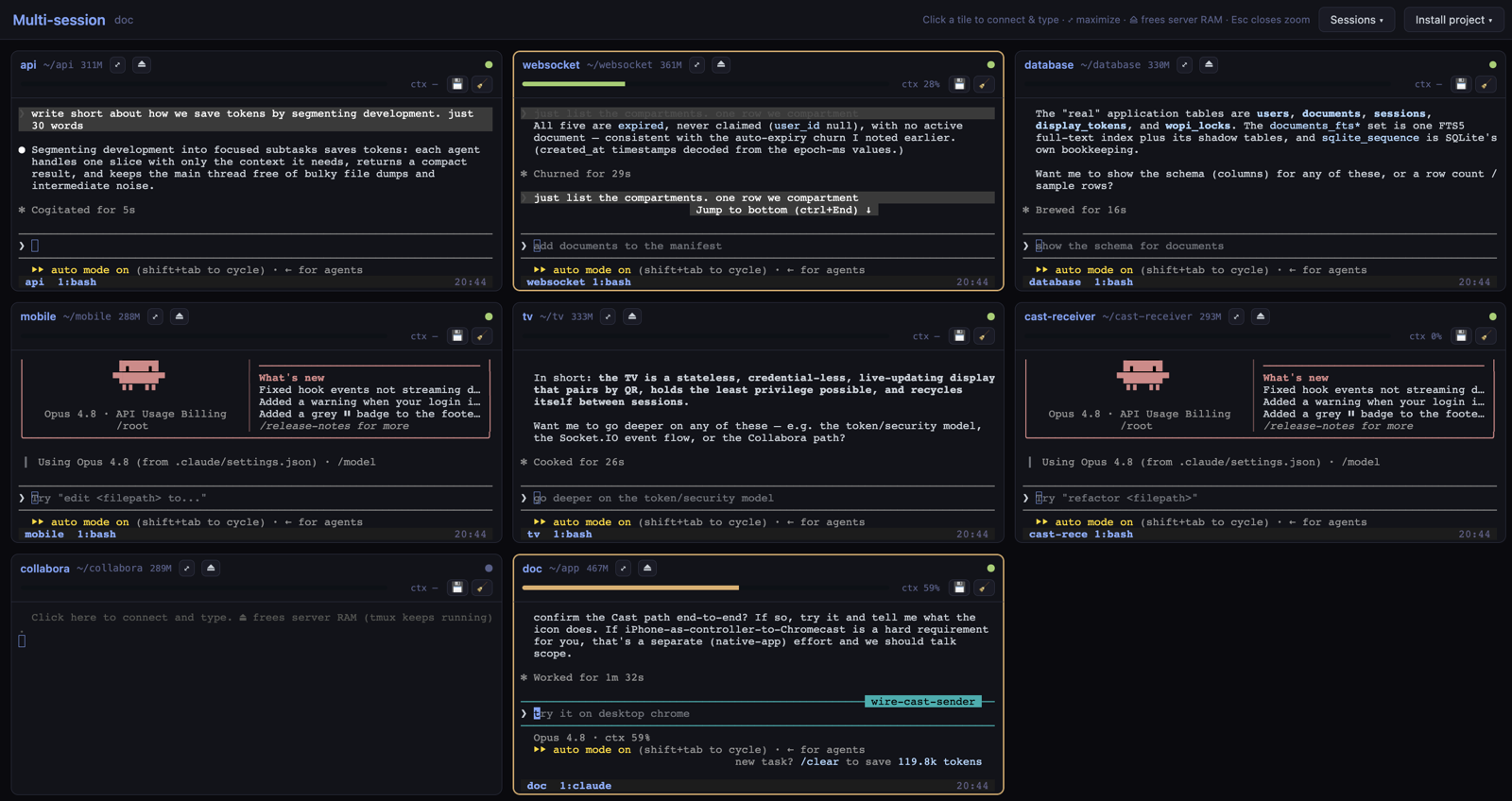 Tenka Cloud Multiview — a grid of focused Claude Code sessions, one per compartment
